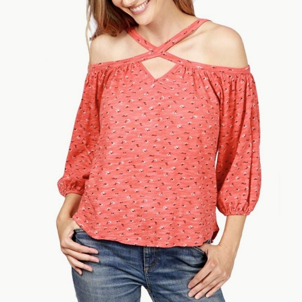 LUCKY BRAND 100% Cotton Off the Shoulder Cross Cross Top Shirt Blouse Medium